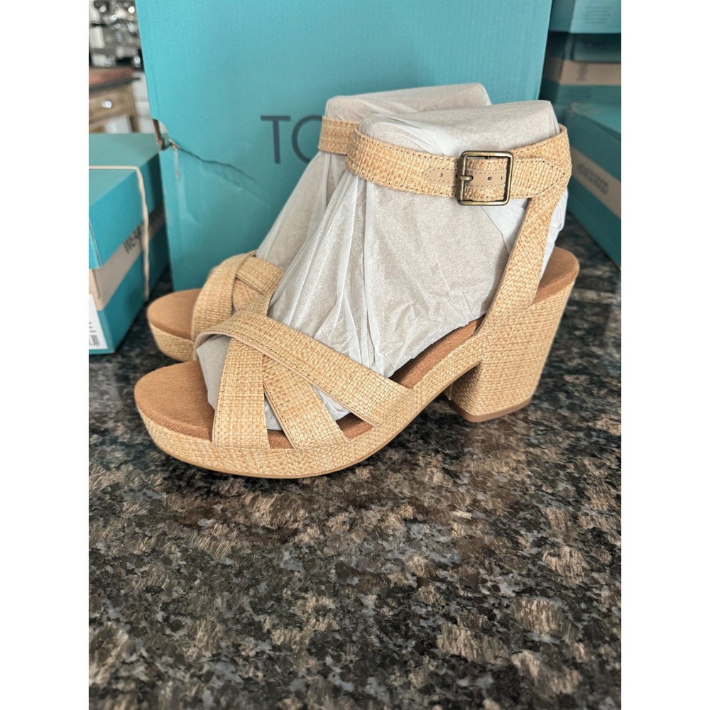TOMS Majorca Strappy Almond‎ Raffia Block Heel Sandals Womens 10 NIB 10021953